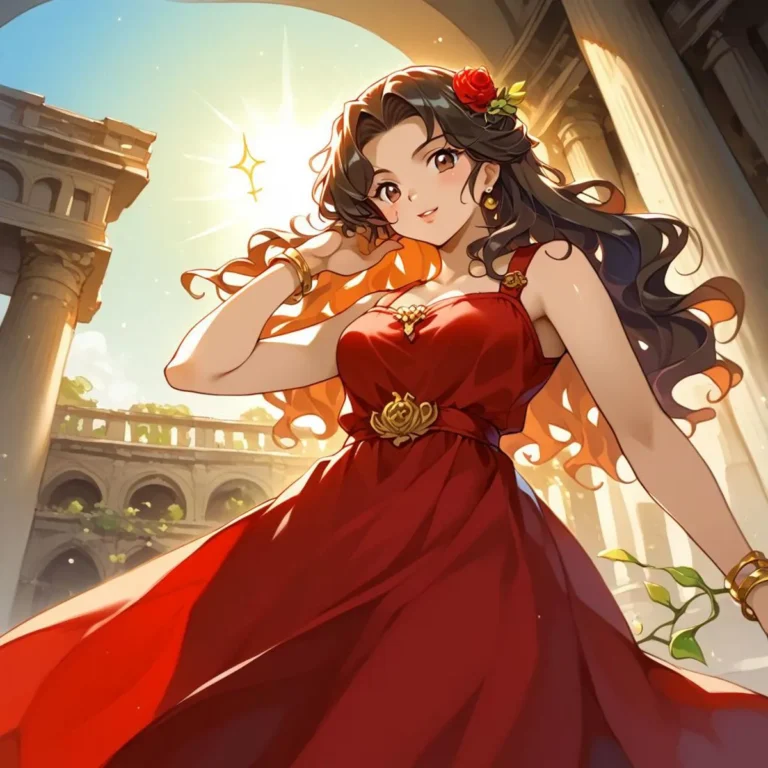 A beautiful anime-style woman in a flowing red dress, standing amidst ancient ruins with a radiant sun in the background, AI generated using Stable Diffusion.