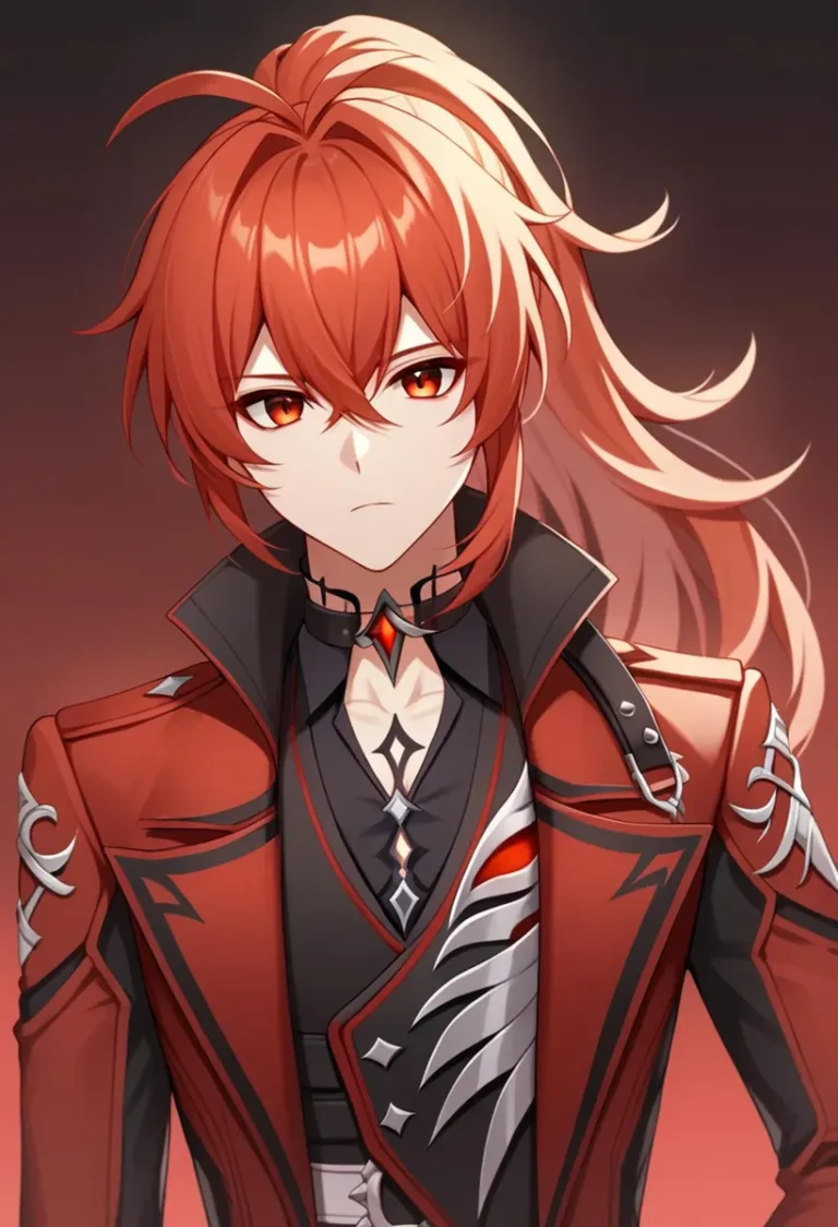 An AI generated image using Stable Diffusion of a serious-looking anime character with vibrant red hair, styled in a partially tied ponytail. The character is dressed in a detailed fantasy warrior outfit featuring intricate patterns and shades of black and red.