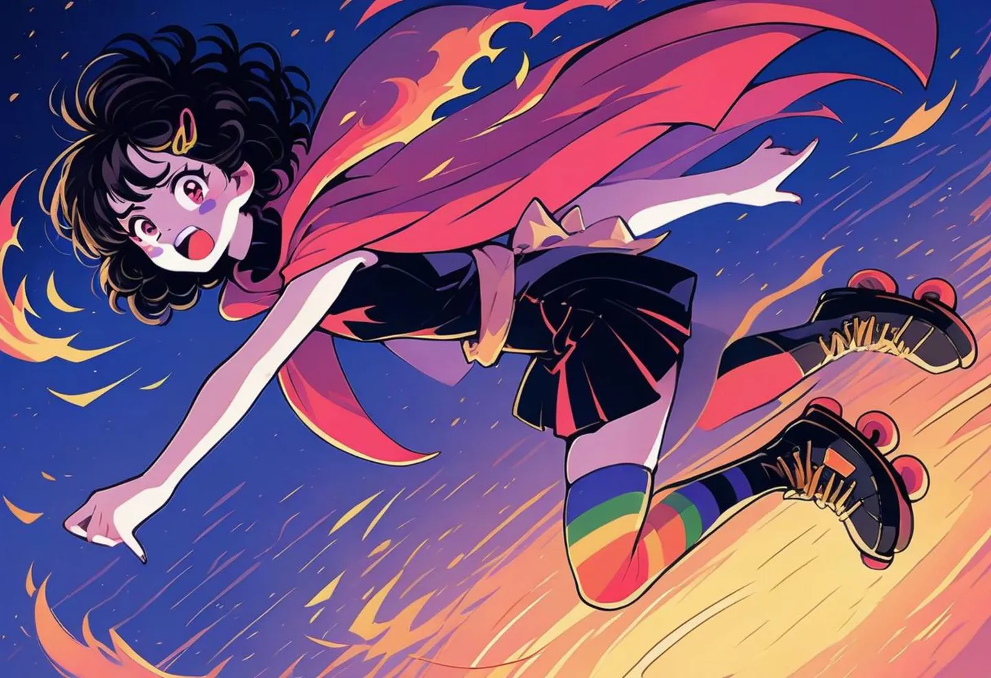 Anime girl with curly hair roller skating, wearing a fiery cape, rainbow stockings, and black boots. AI generated image using Stable Diffusion.