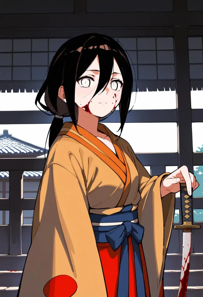 Anime samurai female warrior with black hair, yellow and red traditional clothing, holding a bloodstained sword in a Japanese dojo setting. AI generated image using Stable Diffusion.