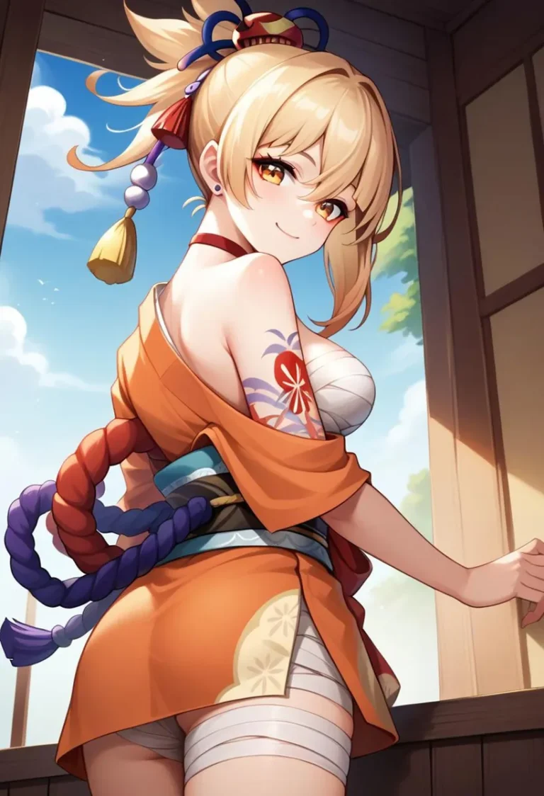 An anime-styled woman with a blonde ponytail, dressed in a samurai-inspired outfit with an orange top, looking back with a smile. She has a red and blue tattoo on her arm and a large, ornate hairpin in her hair. AI generated image using Stable Diffusion.