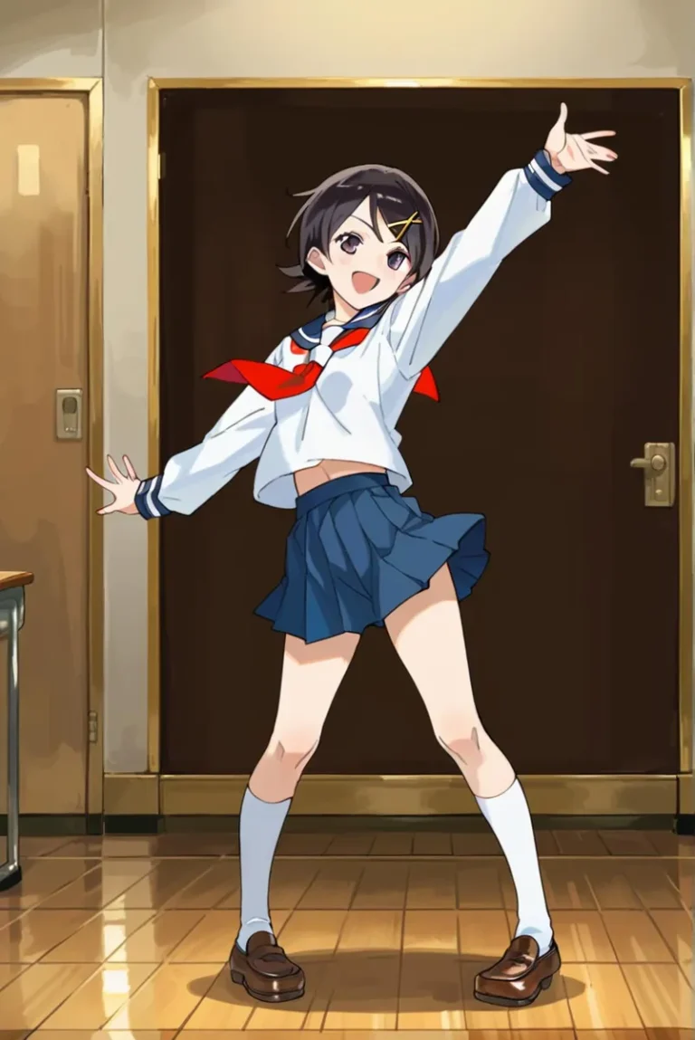 Anime school girl with short black hair, sailor uniform with red ribbon, standing in a classroom with one arm raised. Stable Diffusion AI generated.