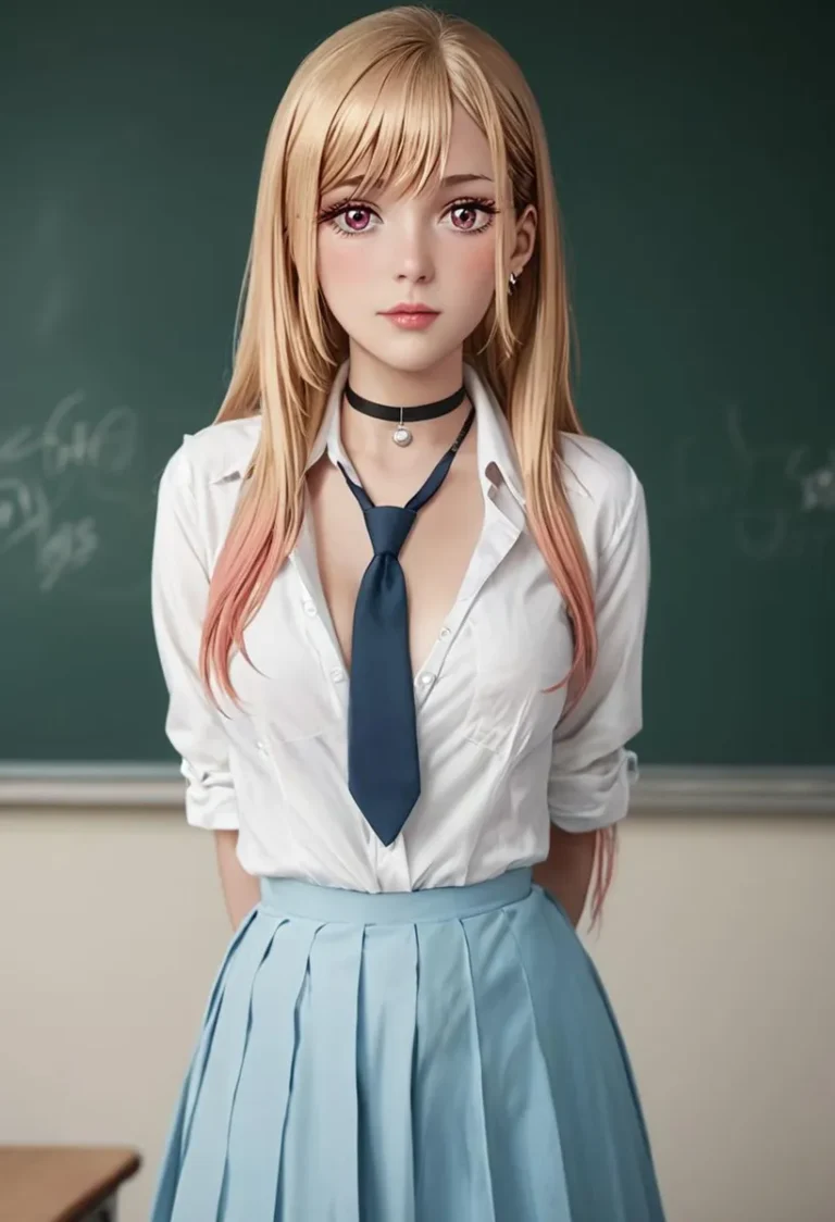 Anime-style girl with long blonde hair, wearing a school uniform with a blue skirt and tie standing in front of a chalkboard. This is an AI generated image using Stable Diffusion.