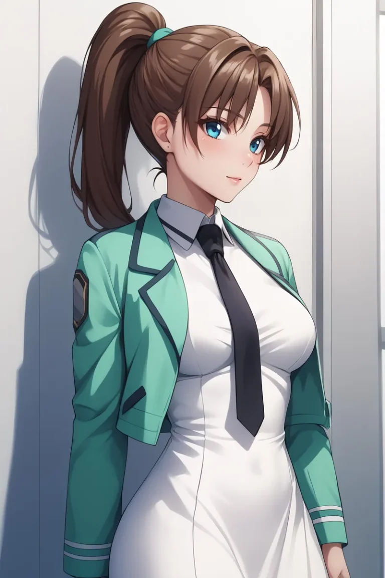 Anime girl with brown hair in a ponytail, wearing a teal school uniform jacket over a white dress with a black tie. AI generated image using Stable Diffusion.