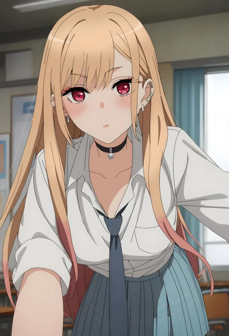 Anime girl with long blonde hair and red eyes, wearing a white shirt, blue tie, and blue skirt, posed in a classroom generated using Stable Diffusion.