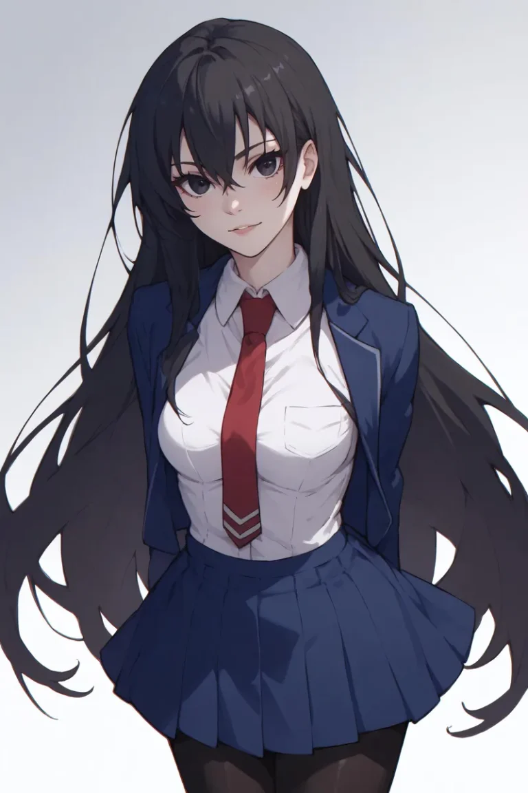 AI generated anime school girl wearing a blue uniform with a red tie using stable diffusion.