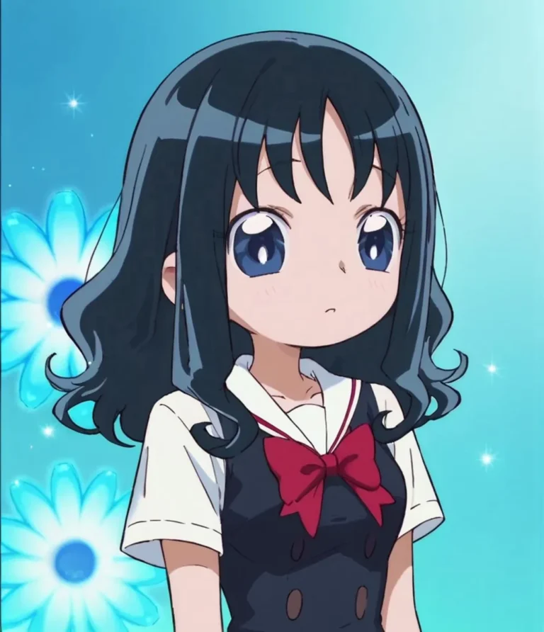 Anime girl with long dark blue hair, wearing a school uniform with a red bow, standing against a bright blue background with white flowers. AI generated image using stable diffusion.