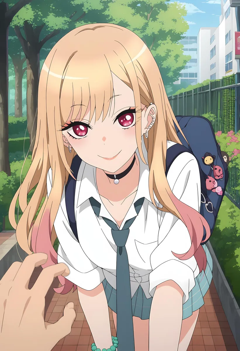 Anime image of a school girl with blonde hair and red eyes, wearing a white school uniform with a tie and a choker, smiling with a hand reaching towards her. AI generated using stable diffusion.