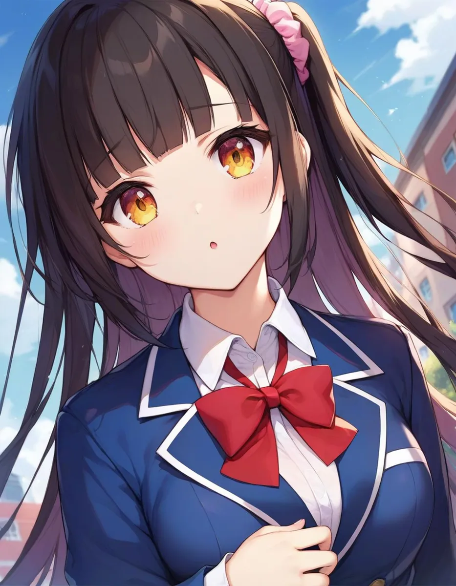 Anime girl with long dark hair and expressive yellow-orange eyes, wearing a blue school uniform with a red bow tie. AI generated image using Stable Diffusion.