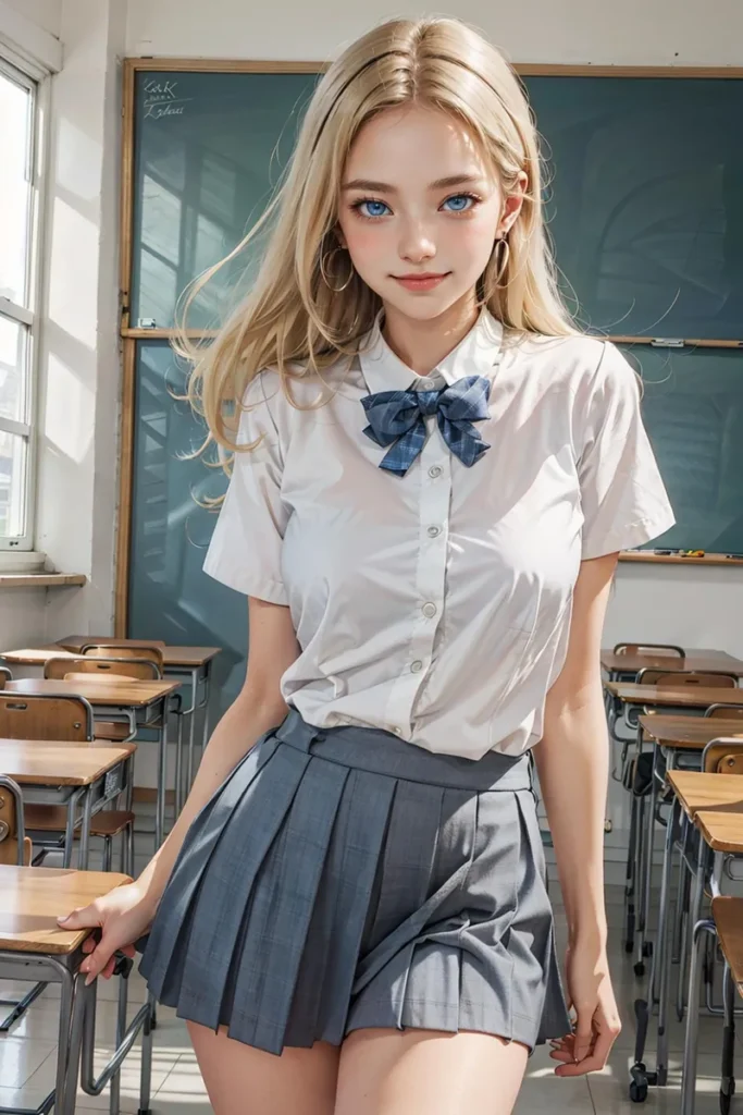 Detailed AI generated image using Stable Diffusion of an anime-style schoolgirl with long blonde hair and large blue eyes in a classroom, wearing a white shirt and blue pleated skirt.