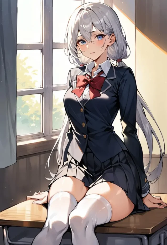 Anime art of a girl with silver hair and blue eyes in a black school uniform sitting on a desk. This is an AI-generated image using Stable Diffusion.