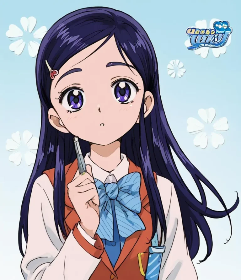 Anime style young girl with long purple hair, large purple eyes, and a school uniform holding a pencil, created using Stable Diffusion AI.