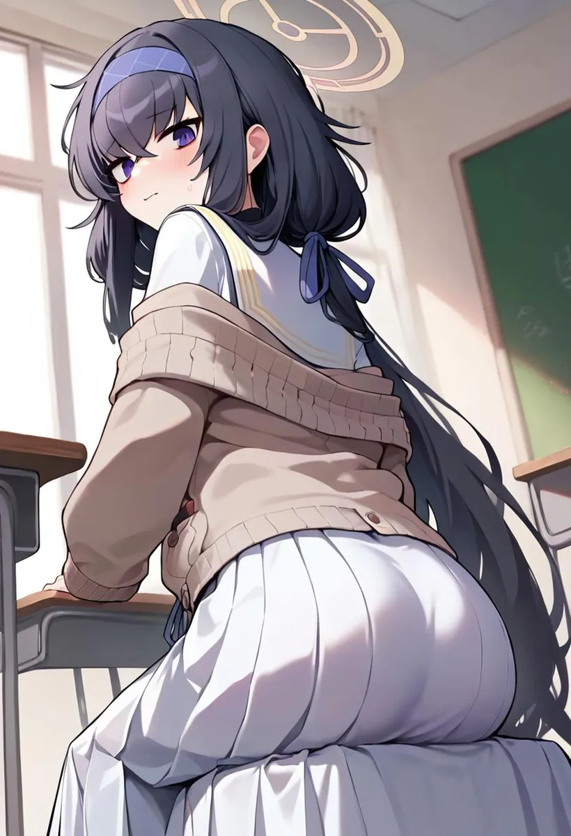 Anime schoolgirl with dark hair and purple eyes sitting at a desk in a classroom, wearing a school uniform and a sweater over her shoulders, AI generated image using Stable Diffusion.