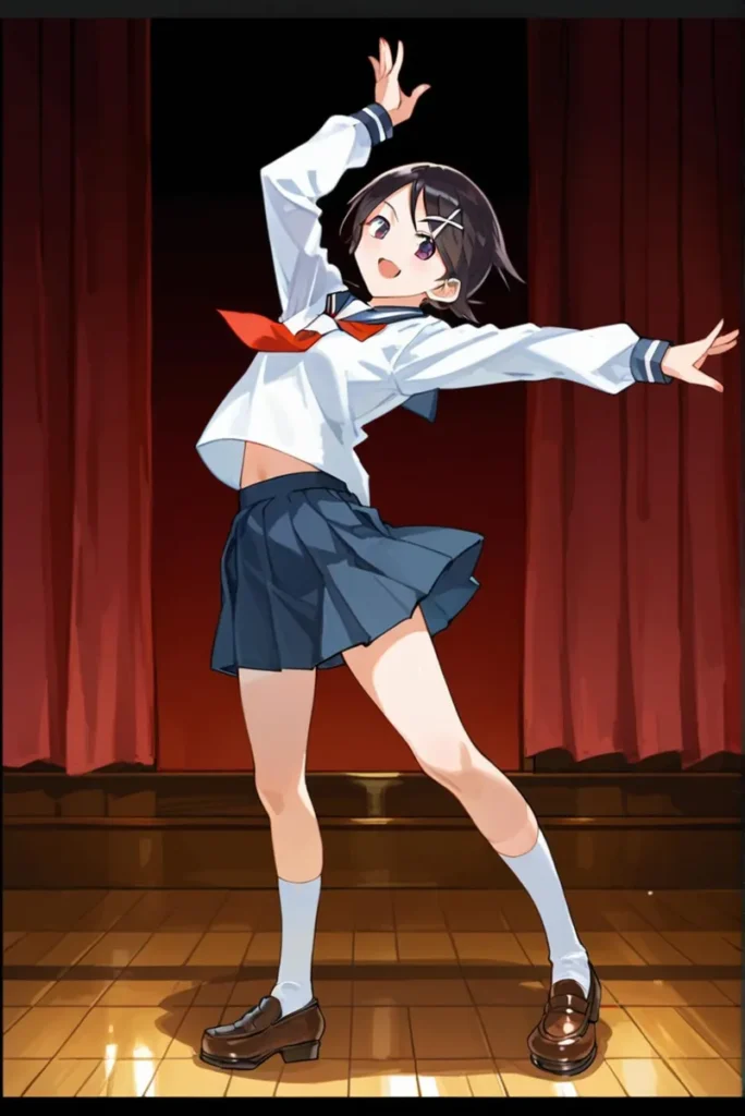 AI generated image of an anime schoolgirl with short dark hair, wearing a sailor uniform, dancing enthusiastically on a stage with red curtains using Stable Diffusion.