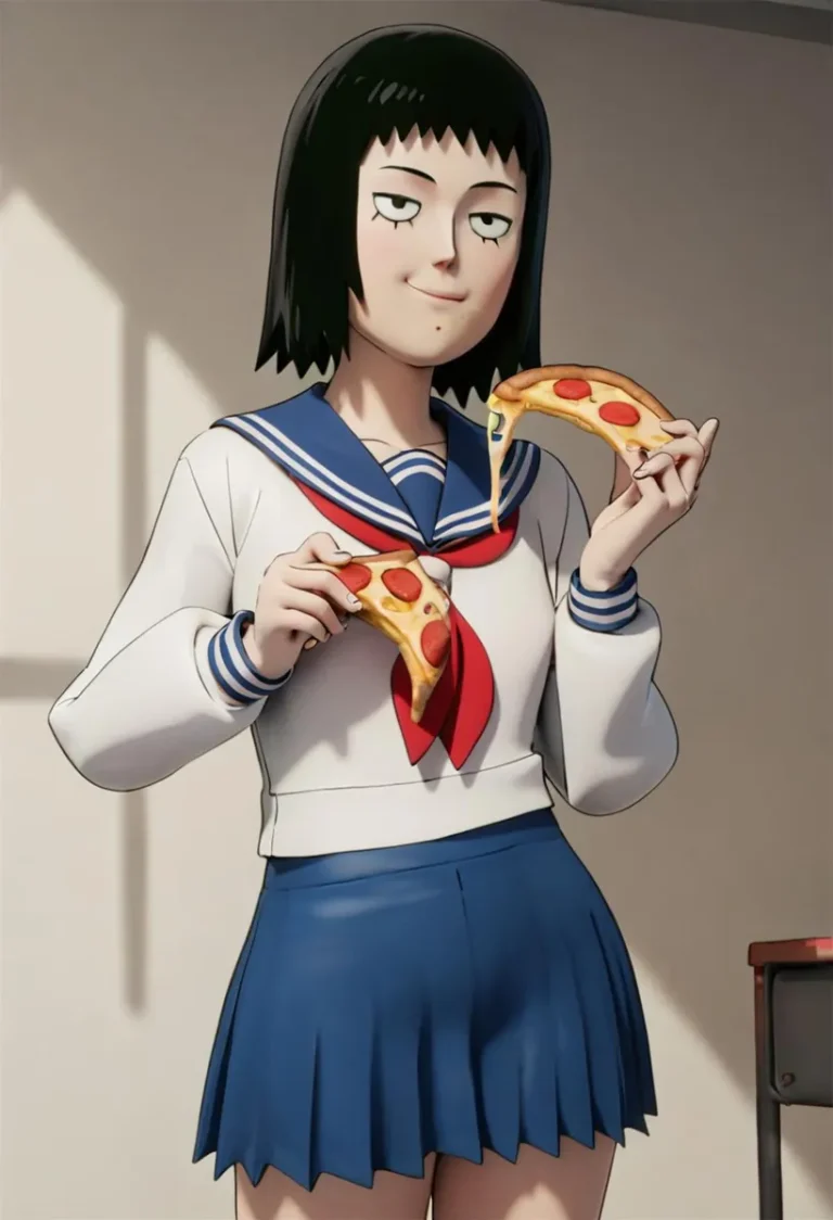 Anime-style image of a schoolgirl wearing a sailor uniform, holding two slices of pepperoni pizza, created using Stable Diffusion.