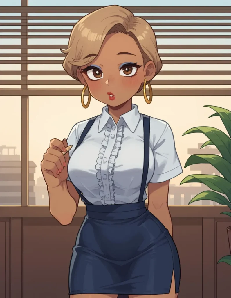 Anime-style secretary with short blonde hair, wearing a white blouse with ruffles and a navy blue high-waist skirt with suspenders, standing in an office. AI generated image using Stable Diffusion.