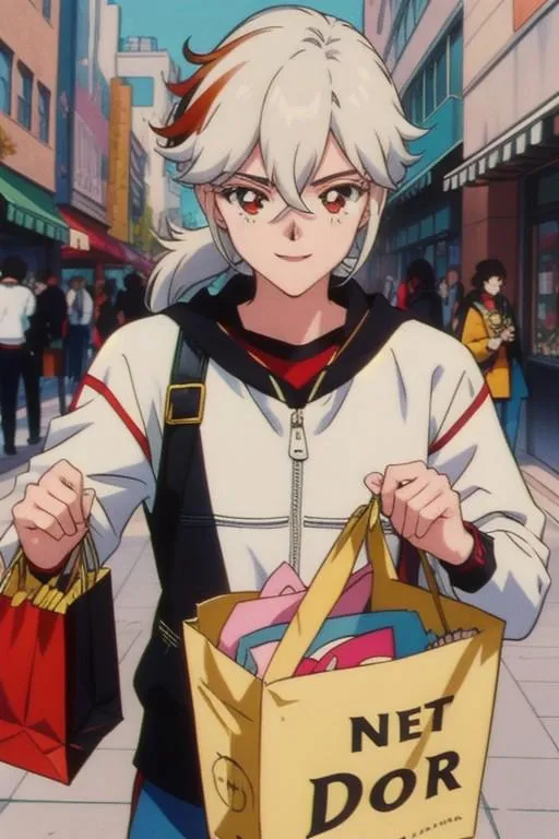 Anime character with white hair carrying shopping bags in a Japanese street scene, created using Stable Diffusion AI.