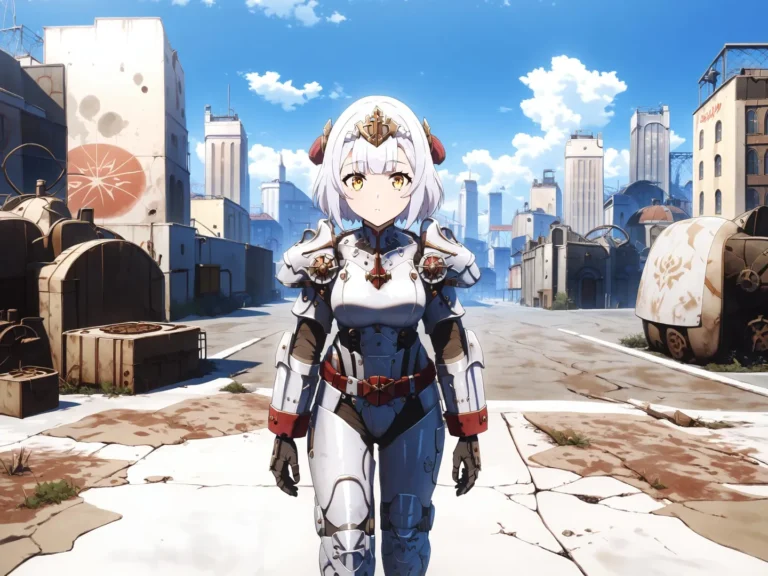 Anime soldier in a post-apocalyptic city, AI generated using Stable Diffusion.