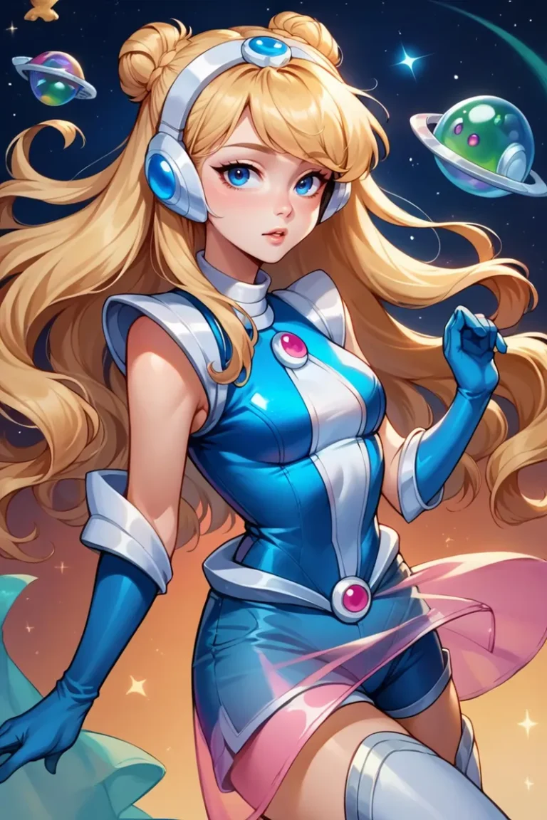 Anime girl in a blue futuristic outfit with long blonde hair, floating in space with planets in the background. AI generated image using Stable Diffusion.