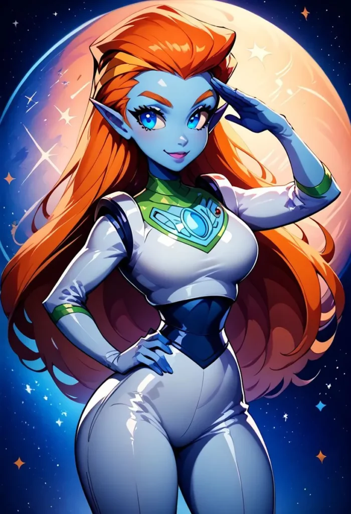 An AI generated image of an anime-style space girl with flowing red hair, blue skin, and a white sci-fi outfit, using Stable Diffusion.