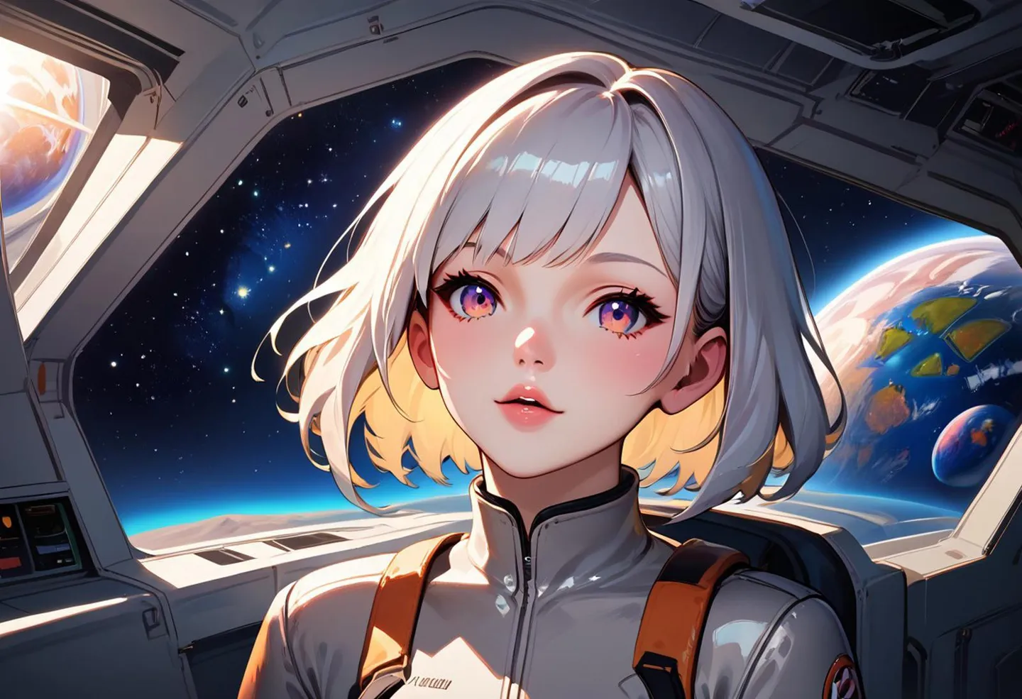 AI generated image of an anime girl with silver hair and detailed eyes, wearing a futuristic space suit, standing inside a spaceship with a view of planets and stars outside the window. Created using Stable Diffusion.