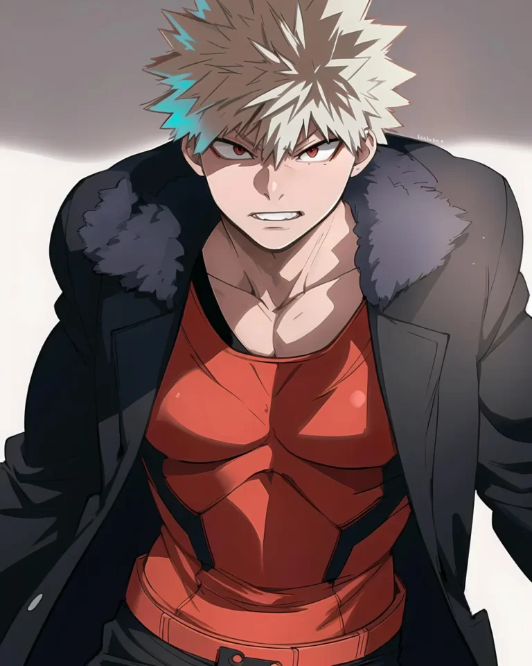 Anime character with spiky blonde hair, muscular build, wearing a red and black outfit. AI image created using Stable Diffusion.