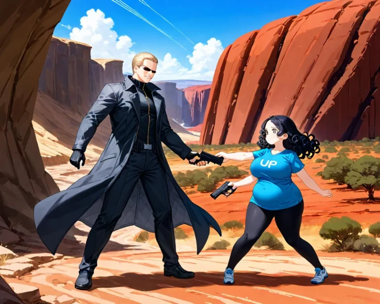 Animated scene depicting a standoff between two anime characters in a desert landscape, created using Stable Diffusion AI.