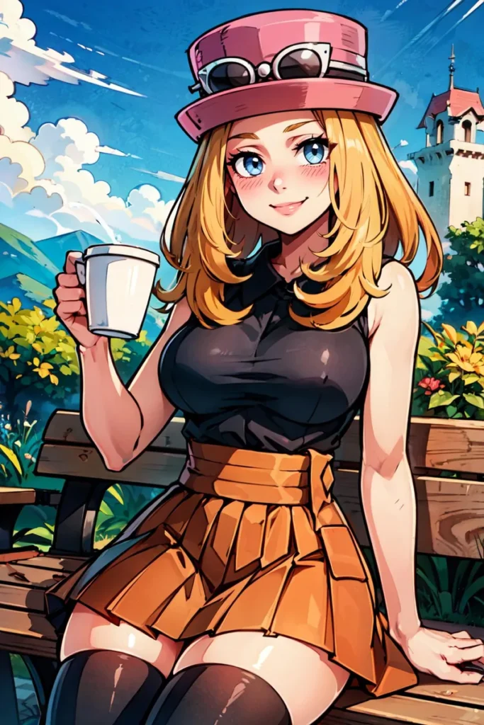 AI generated image of an anime-style girl in steampunk attire holding a coffee cup, sitting on a bench.