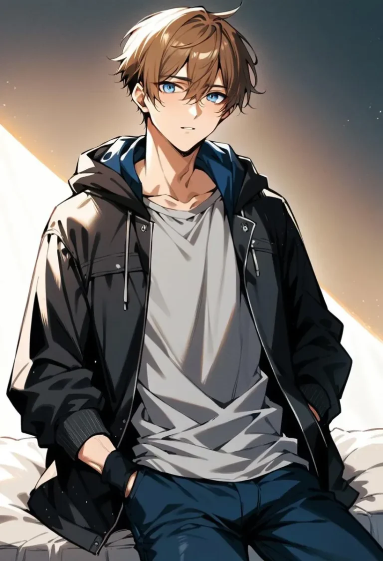 A stylish anime boy with short brown hair, wearing a black jacket over a grey t-shirt, standing with his hands in his pockets. The character has blue eyes and a calm expression, portrayed in digital art using Stable Diffusion.