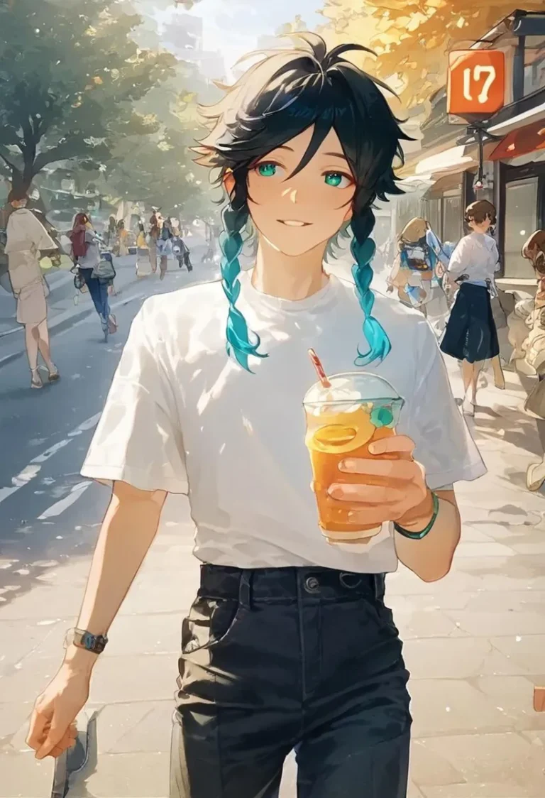 Anime style character with black hair and blue highlights in braids, wearing a white shirt and black pants, holding an orange beverage. Background features a lively street scene with people under bright sunlight. This is an AI generated image using Stable Diffusion.