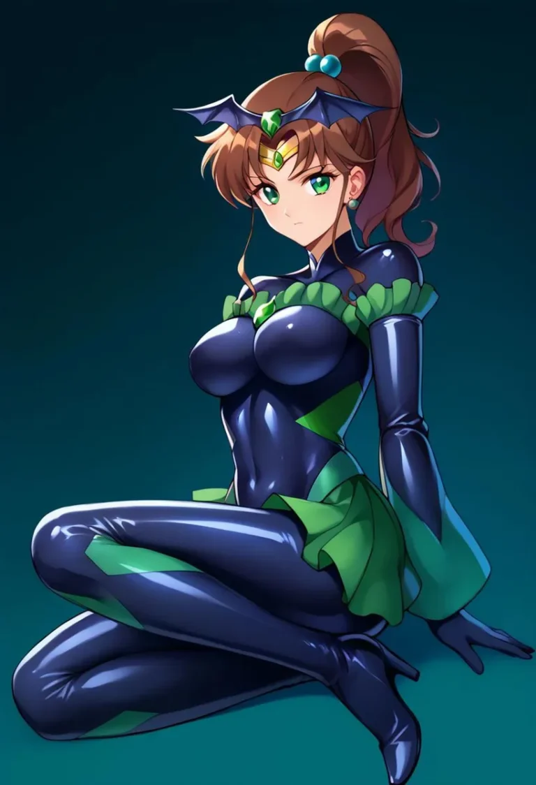 Anime girl in a blue and green superhero costume, generated using Stable Diffusion AI