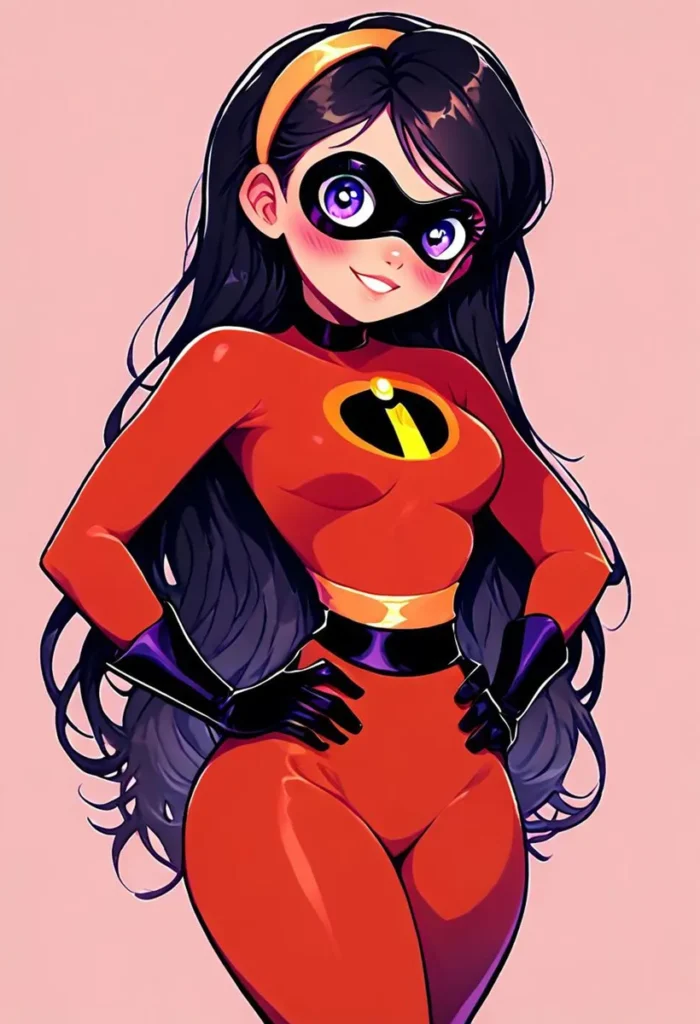 Anime superhero character with long black hair, large purple eyes, wearing a red superhero costume and black gloves, AI generated using Stable Diffusion.