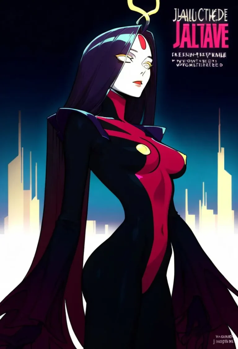 Anime female superhero standing in front of a futuristic cityscape. This is an AI generated image using Stable Diffusion.