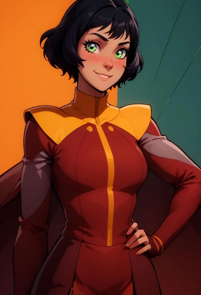 Anime superhero girl with short dark hair, striking green eyes, and a red and yellow costume, created using Stable Diffusion.