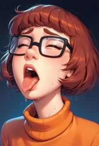 AI-generated image using stable diffusion of an anime girl with short brown hair, wearing glasses, and her tongue out, sweat droplets visible.