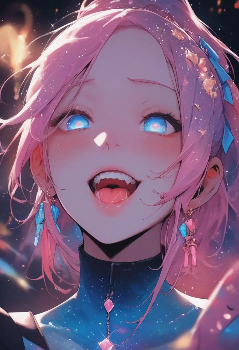 Anime-style image of a girl with pink hair and glowing blue eyes, smiling with vampire fangs. The girl is adorned with blue and pink accessories and sparkles. This is an AI generated image using Stable Diffusion.