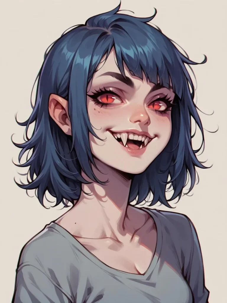 An AI-generated anime-style image of a girl with blue hair, red eyes, and vampire fangs using Stable Diffusion.