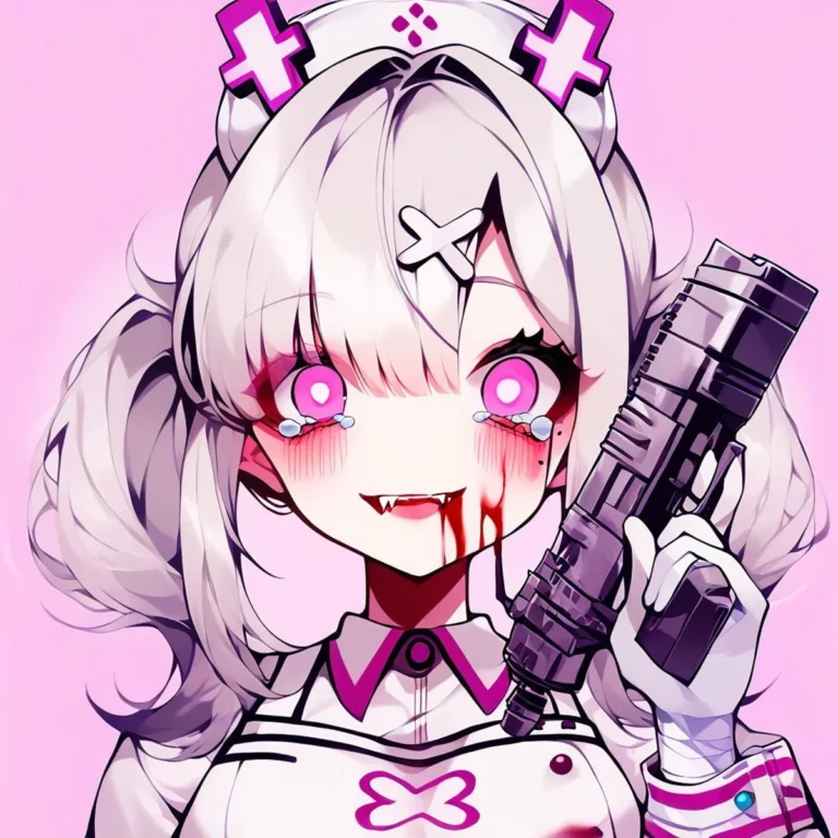 An AI generated image using Stable Diffusion featuring a white-haired anime vampire nurse with fangs, pink glowing eyes, and blood on face, holding a weapon with a determined expression, set against a pink background.