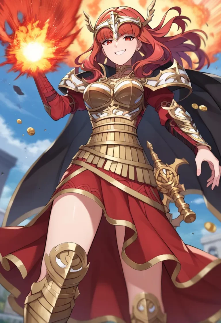 Anime-style image of a formidable female warrior with red hair. She is dressed in golden armor with a red skirt, holding fiery magical energy in her hand. Created using Stable Diffusion AI.