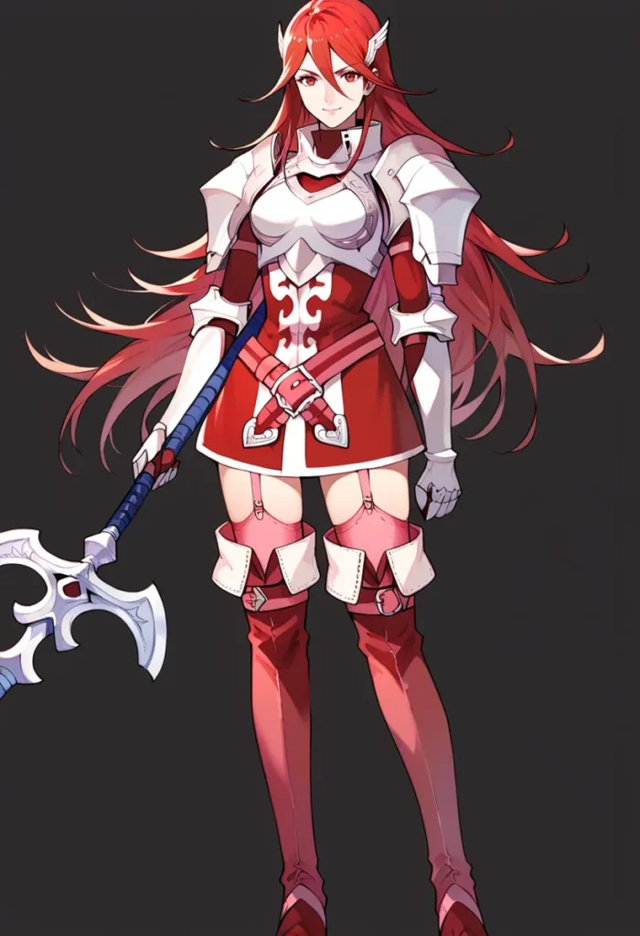 Anime-style armored female warrior with long red hair in red and white armor holding a large axe. AI generated image using Stable Diffusion.