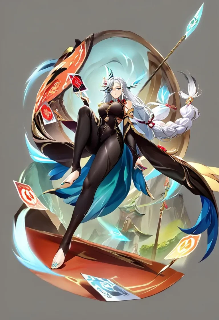 Fantasy anime warrior with long silver hair, holding a spear, surrounded by floating cards. The character is in dynamic motion, dressed in black and blue attire. AI generated using stable diffusion.