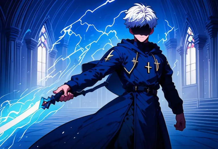 Anime-styled warrior clad in a dark cloak with gold crosses and white hair, wielding a glowing lightning sword in a cathedral background. Image created using Stable Diffusion.