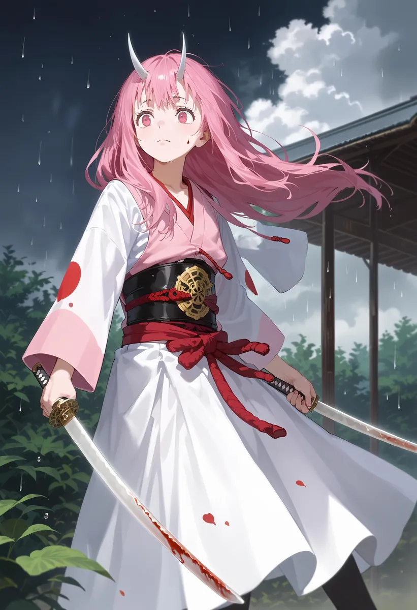 Anime-style image of a fierce demon girl with pink hair and horns, holding a blood-stained katana in each hand. She wears a traditional white and pink kimono, standing outside in the rain.
