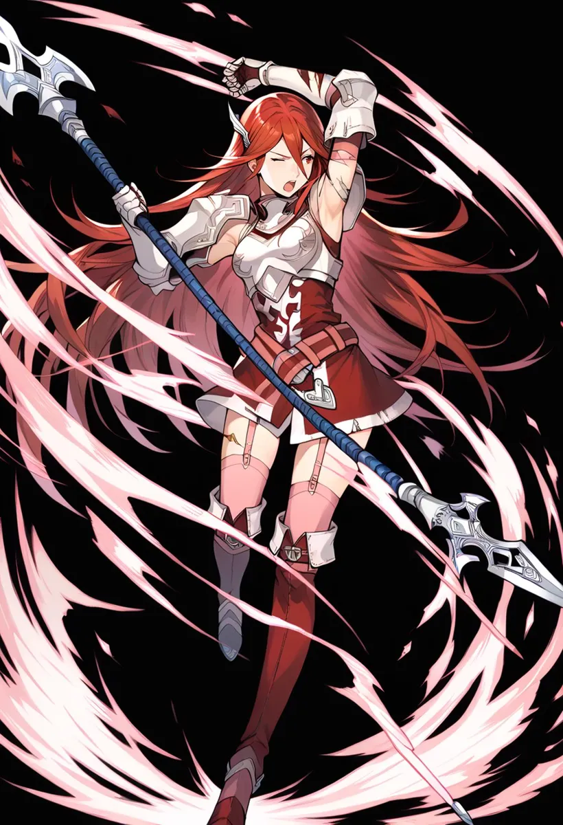 An AI-generated anime-style image using Stable Diffusion of a dynamic female warrior with red hair, wielding a large spear surrounded by swirling energy.