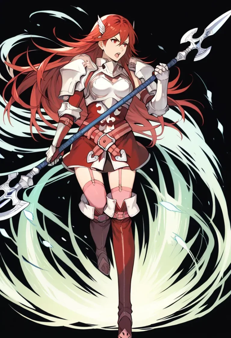 Anime warrior girl with long red hair in armor wielding a spear, AI generated image using stable diffusion.