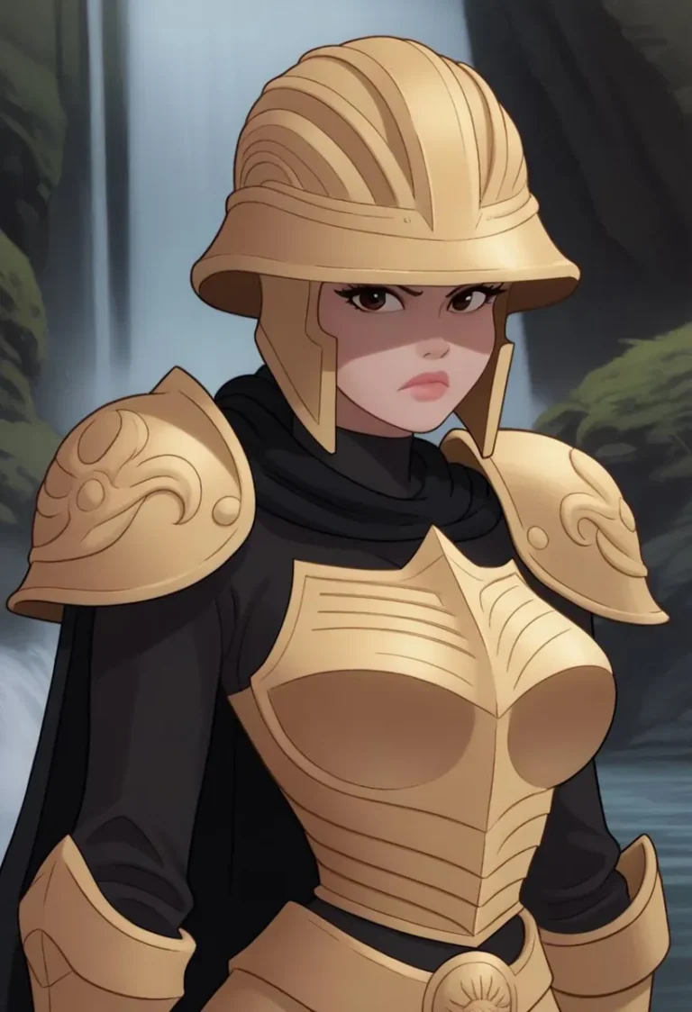 Anime-style female warrior wearing golden armor standing in front of a waterfall, AI generated using stable diffusion.