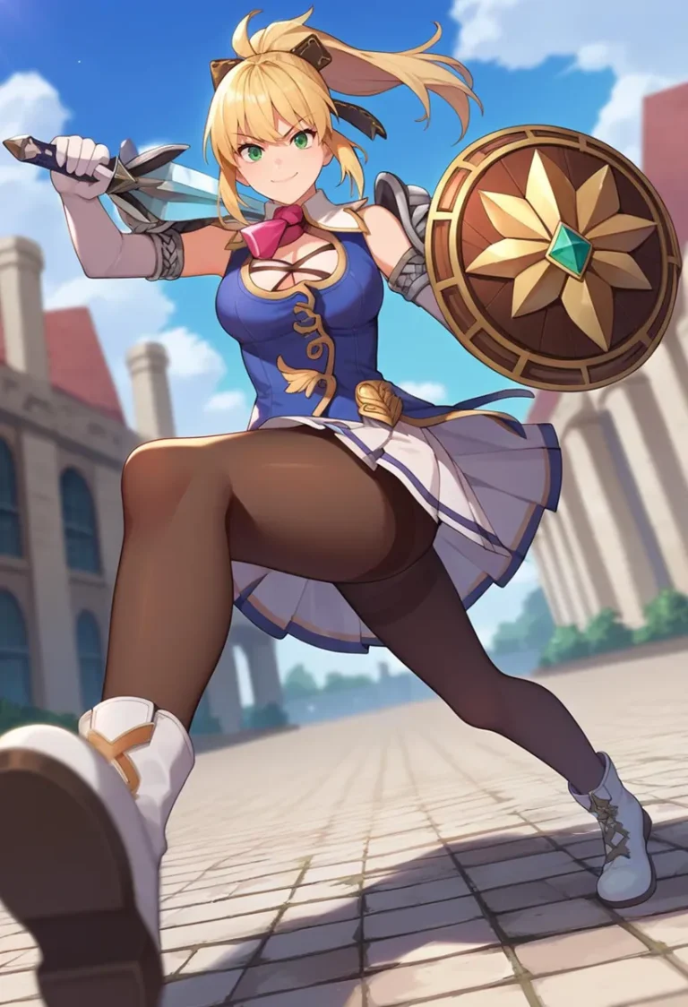 Anime warrior female knight with blonde hair, holding a sword and shield, dressed in blue and white attire. AI generated image using Stable Diffusion.