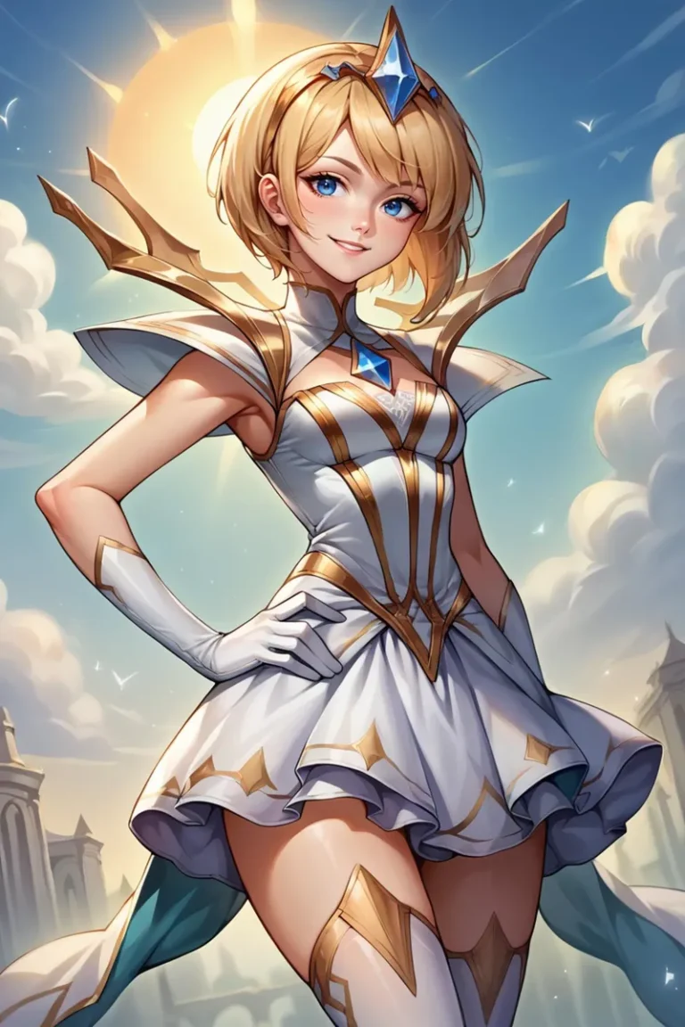 Anime warrior princess with blonde hair and blue eyes in celestial armor standing confidently against a bright sky, AI generated using Stable Diffusion.