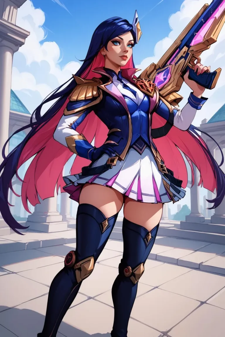 An AI-generated image using Stable Diffusion of a powerful anime warrior woman with long pink hair, dressed in blue and white armor, holding a futuristic weapon.