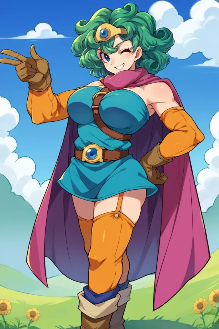 Anime-style depiction of a female warrior with green hair, wearing a teal outfit with a brown belt, a purple cape, and orange gloves and boots. The image is generated using stable diffusion.